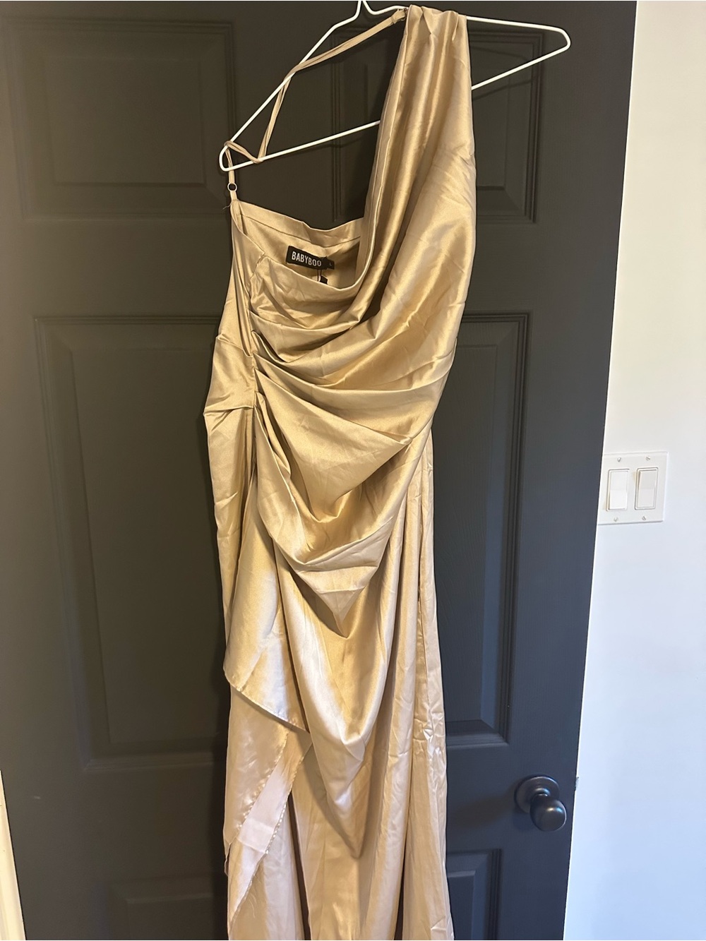 Satin One-Shoulder Evening Gown in Champagne - Picture 2 of 3